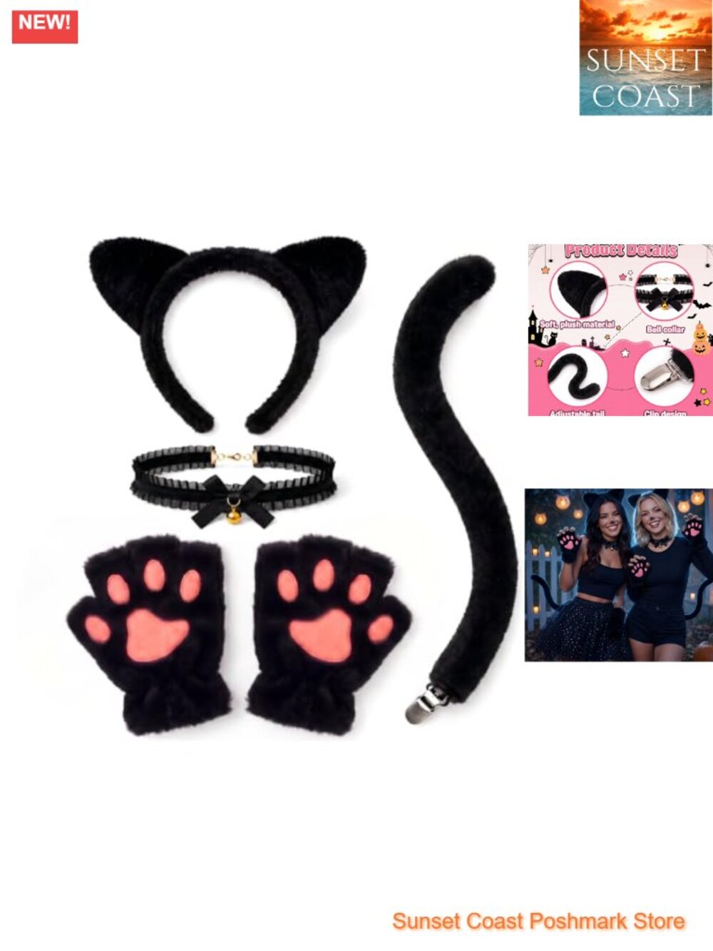 Plush Black Cat Costume Accessory Set Headband Tail Gloves Choker Halloween